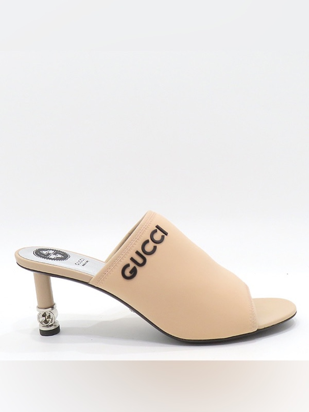 Gucci Beige Logo Slip-On Mule with Chrome Accent Heel